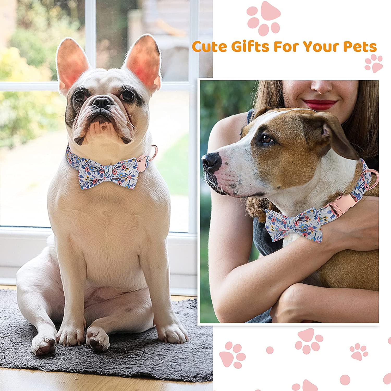 Dog Collar with Bow Tie Cute Pet Collar with Alloy Buckle & D Ring Adjustable Soft Dog Collar for Small Medium Large Girl Dogs Cats