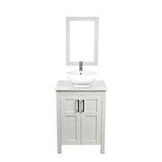 FULLWATT 24" Classic Wood Bathroom Vanity with Ceramic Vessel Sink Circle Bowl Faucet and Mirror Set, White
