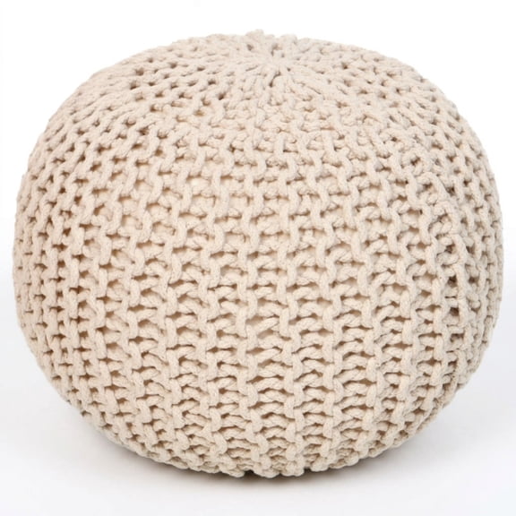 Round Pouf Ottoman, Hand Knitted Boho Footrest Stool for Living Room, Versatile Floor Seating Cushion for Bedroom and Nursery, Lightweight Accent Furniture for Extra Seating, Cream