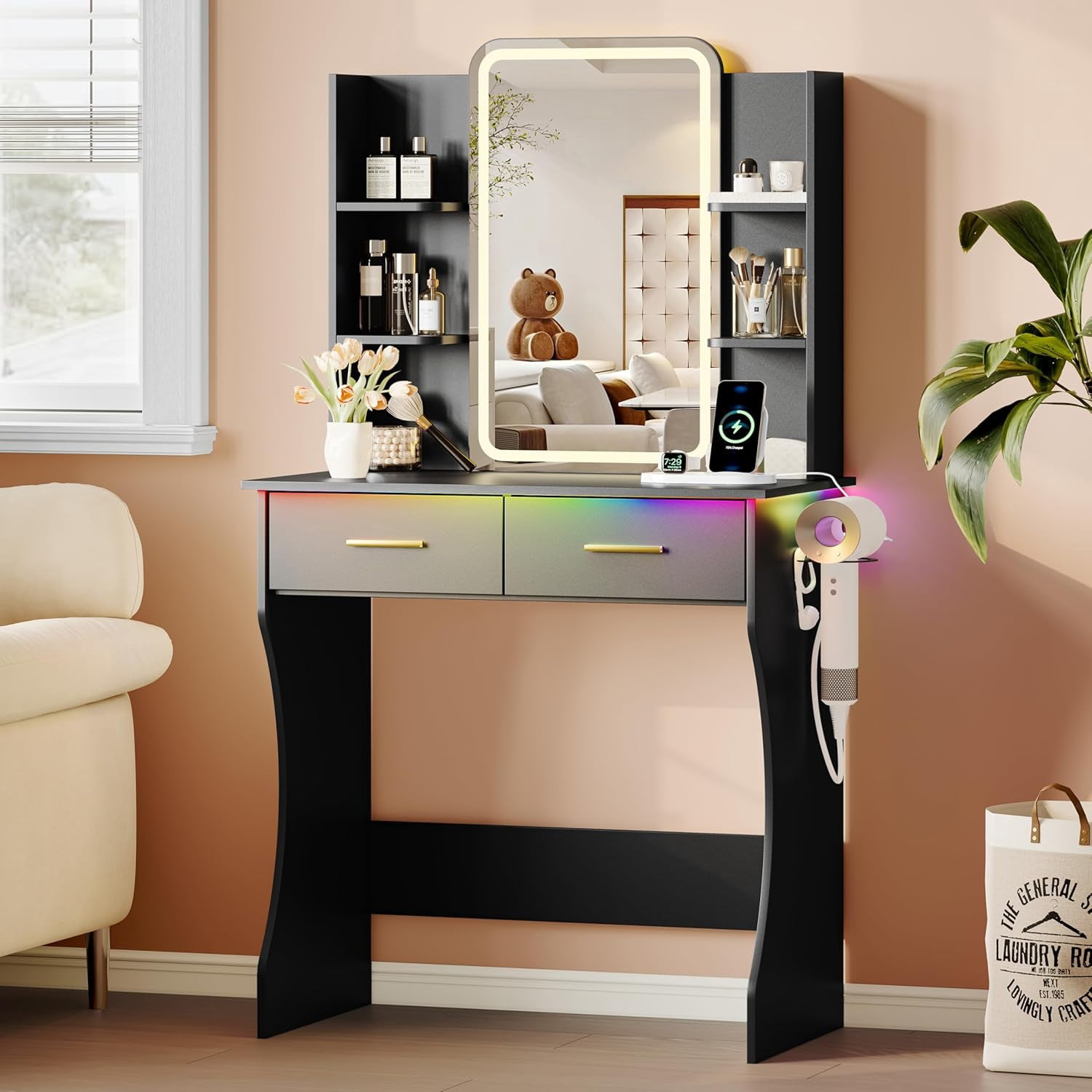 FANRAL Vanity Desk with LED Lighted Mirror and Power Outlet,Makeup Vanity Table with Storage Drawers,3 Lighting Modes and Adjustable Brightness,Dressing Table for Bedroom,Black Vanity
