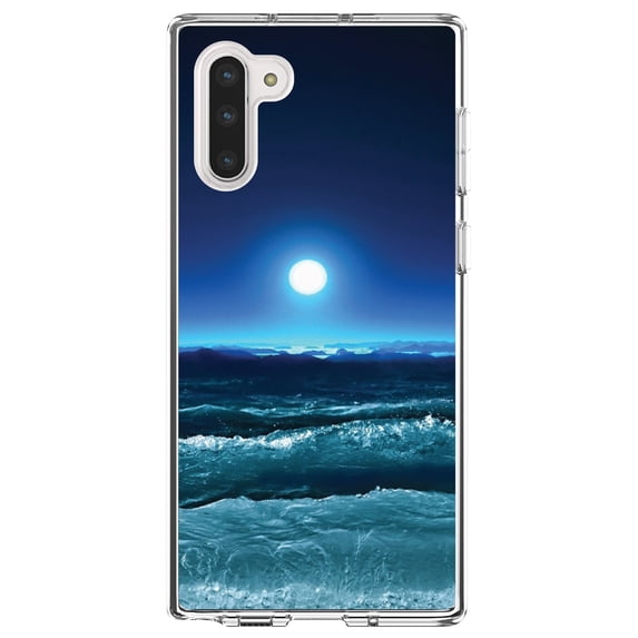 DistinctInk Clear Shockproof Hybrid Case for Samsung Galaxy Note 10 (6.3" Screen) - TPU Bumper, Acrylic Back, Tempered Glass Screen Protector - Moonlit Ocean Waves