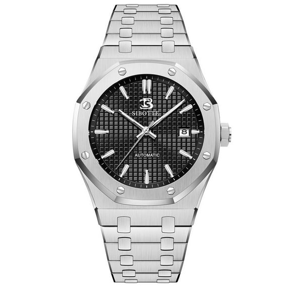 SIBOTTE Men Calendar Vintage Wristwatch Analog Automatic Self-Winding Mechanical Wrist Watch Steel Band Sapphire Crystal Waterproof Luminous Business Clock