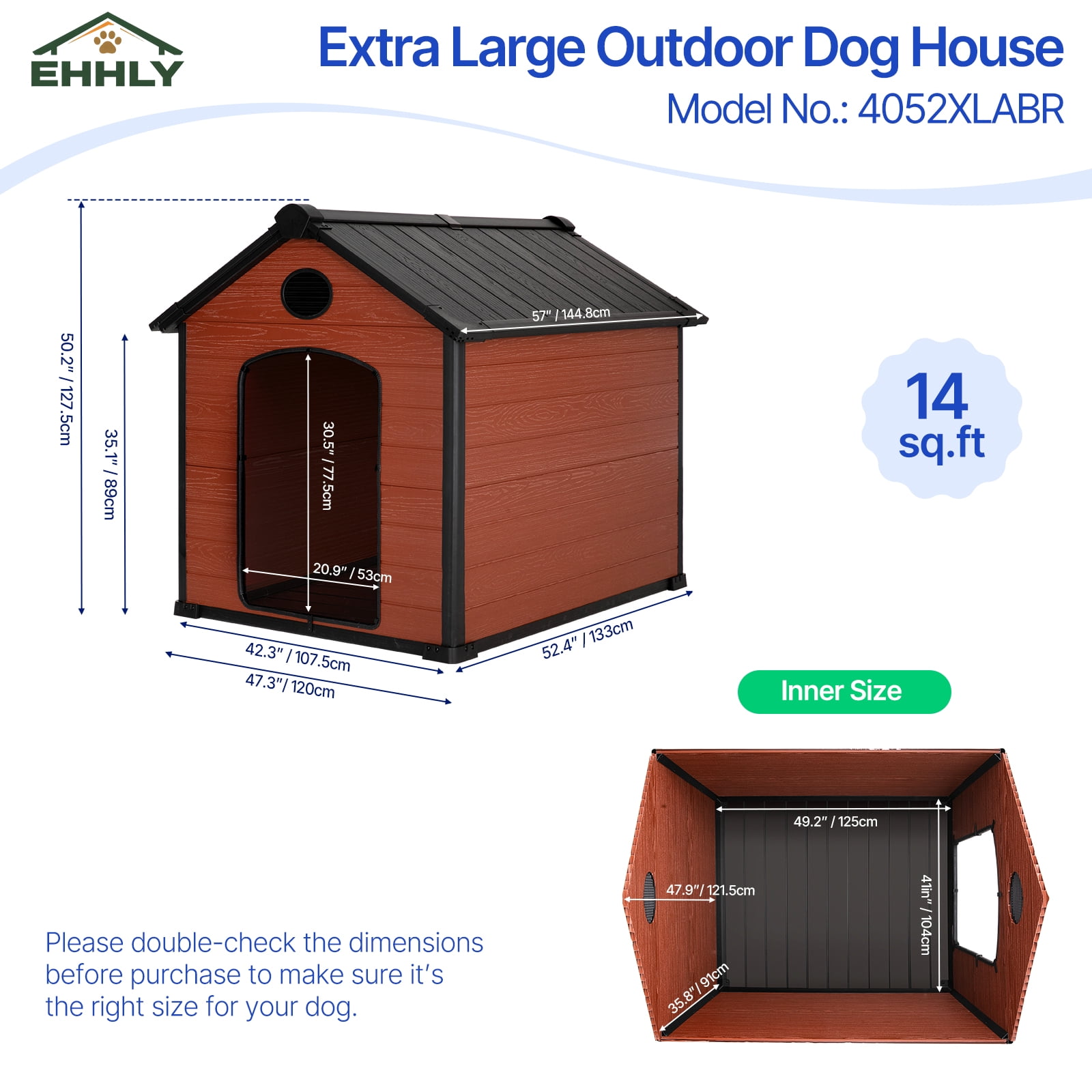 EHHLY 57" Extra Large Dog House Outdoor Weatherproof, 5XL Big Dog House for 2 Large Dogs Outside, Insulated Igloo Pet House with Elevated Floor, Extra Durable Resin Plastic, 4052XL,Rustic Brown,