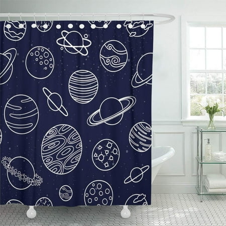 ATABIE Cartoon Blue Outline Space Planets Pattern Alien Cosmic Cosmo Shower Curtain 66x72 inch