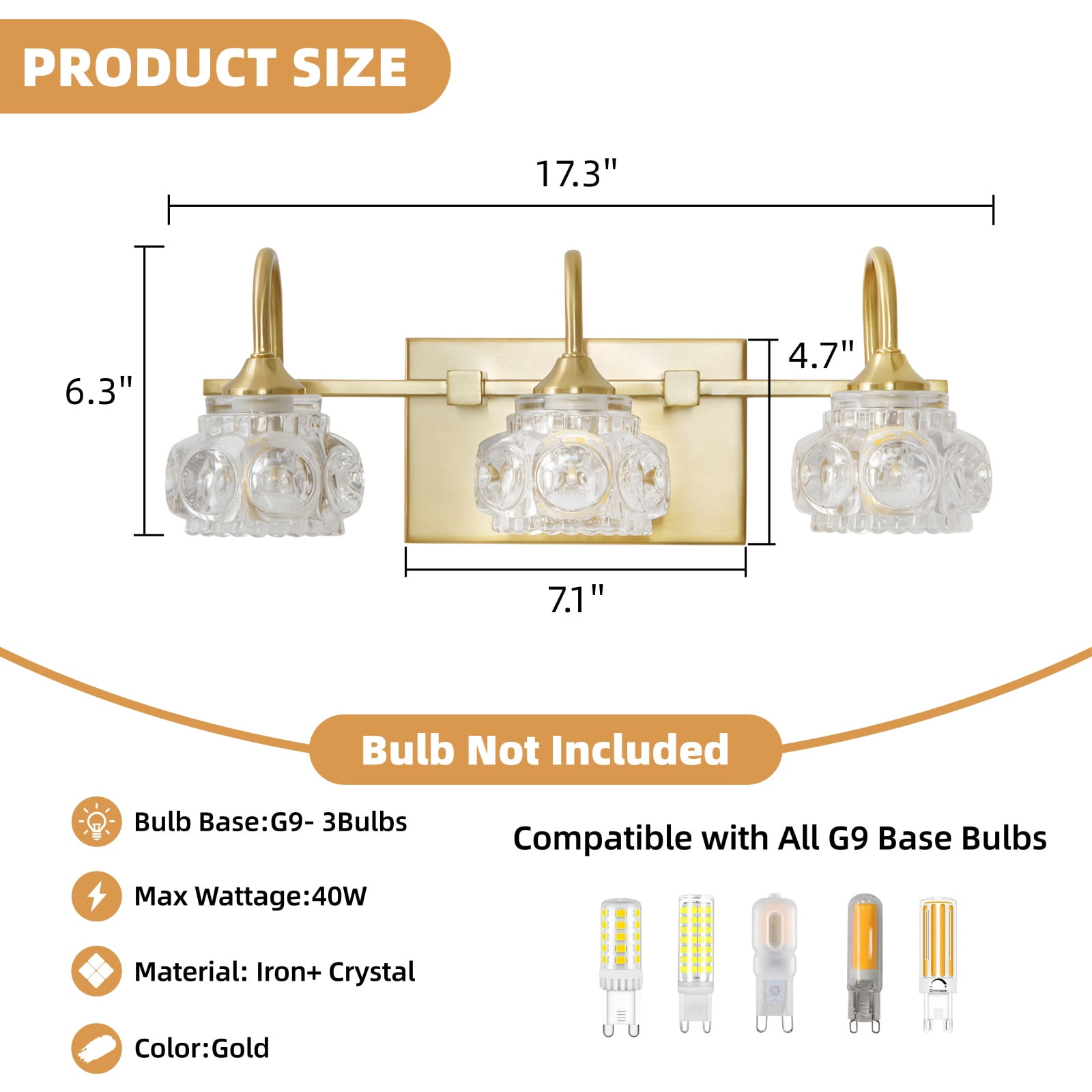 17" Modern 3-Light Crystal Bathroom Vanity Light, Gold Wall Sconce with Clear Glass Shades, Elegant Bathroom Lighting Fixtures Over Mirror, for Vanity or Powder Room (Bulbs Not Included)
