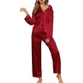 thumbnail image 7 of Womens Silk Satin Pajama Sets with Chest Pockets Notch Collar Two Piece Sleepwear Loungewear Soft Pj Set, 7 of 7