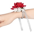 thumbnail image 4 of Coolmade 2Pack Rose Wrist Corsage Wristband, Velvet Open Rose Silvery Bling Ribbon Rhinestone Stretch Bracelet Wedding Prom Wrist Corsage Hand Flower, Red, 4 of 7