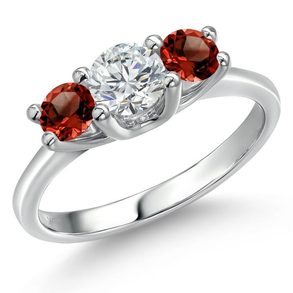 Gem Stone King 14K White Gold White Lab Grown Diamond & Red Garnet 3-Stone Engagement Ring | 1.24 Cttw | Round 5MM and 4MM | Three Stone Wedding Anniversary Promise Ring for Women (Size 7)