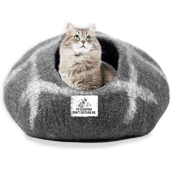Woolygon - Lit Grotte en Laine pour Chat Fait Main à Partir de 100 % Laine Mérinos, Grotte en Feutre Écologique pour Chats et Chatons d'Intérieur (Rayé de Galets)