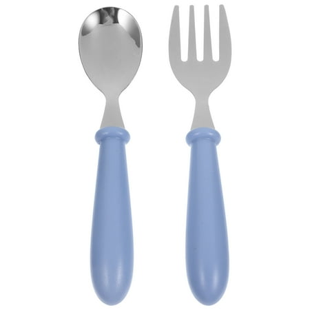 

NUOLUX 1 Set Stainless Steel Spoon Fork Small Durable Simple Feeding Spoon Fork for Baby Kids Children (Blue)