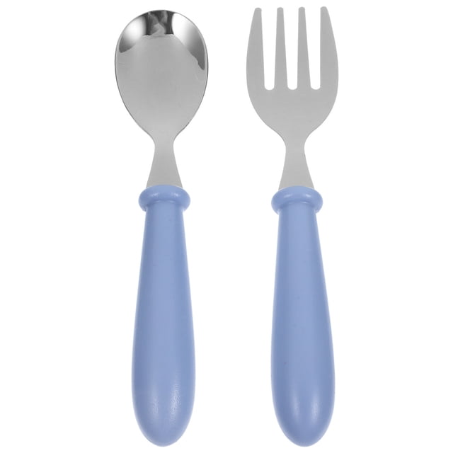 1 Ensemble Cuillère Fourchette en Acier Inoxydable Petite Cuillère d'Alimentation Simple Durable pour Bébé Enfants (Bleu)