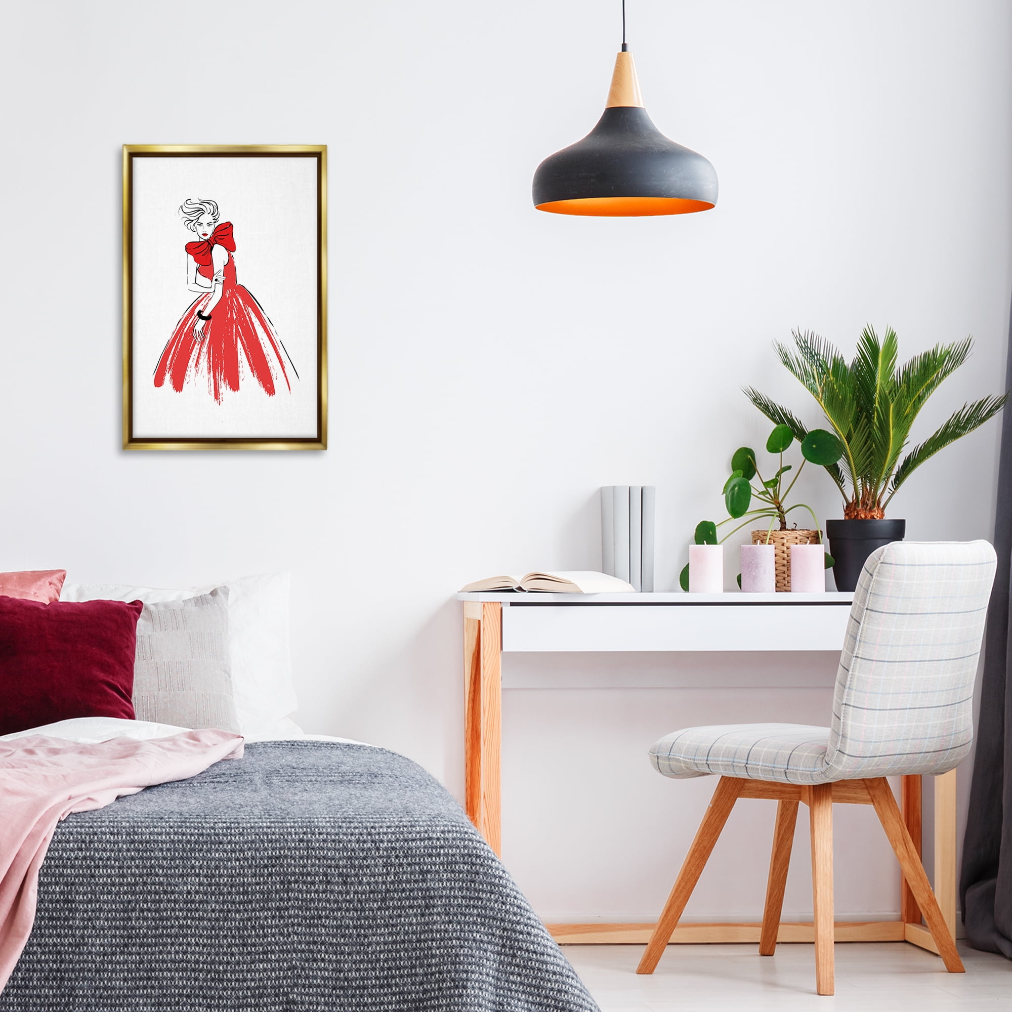 Stupell Industries Lady & Red Bow Dress Novelty Painting Gold Floater Framed Art Print Wall Art, 17 x 25