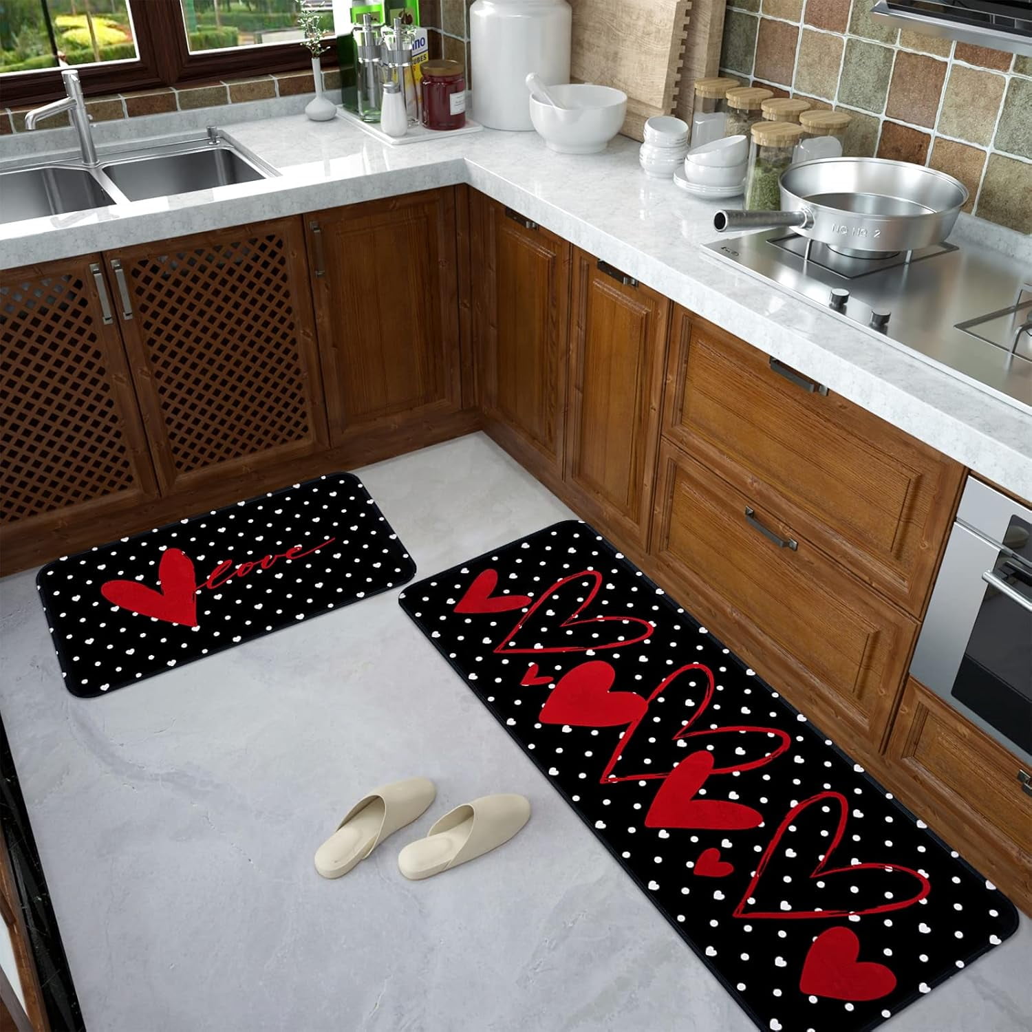2 Pcs Valentines'' Day Kitchen Rugs, Black Kitchen Area Rug Set, Love Heart Doormat Set with Non Slip Backing, Absorbent Anti Fatigue Kitchen Mats for Laundry Room Floor Bedroom Home Decor
