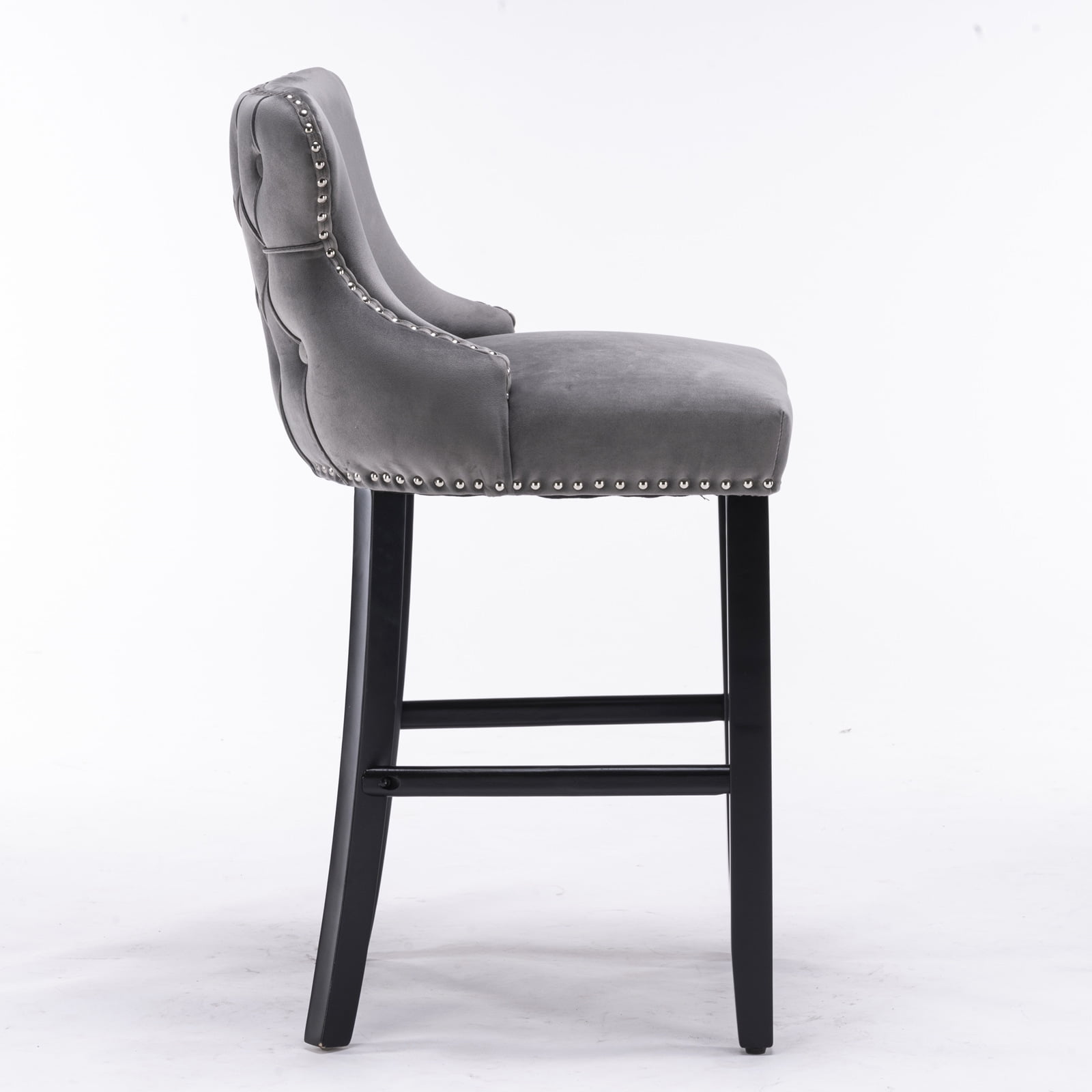 2 Piece Button Tufted Counter Height Dining Chairs, Velvet Bar Stools with Armrests & Footrests, Upholstered Pub Chair with Solid Wood Legs for Kitchen Home Bar, 22''L x 19''W x 37''H, Gray