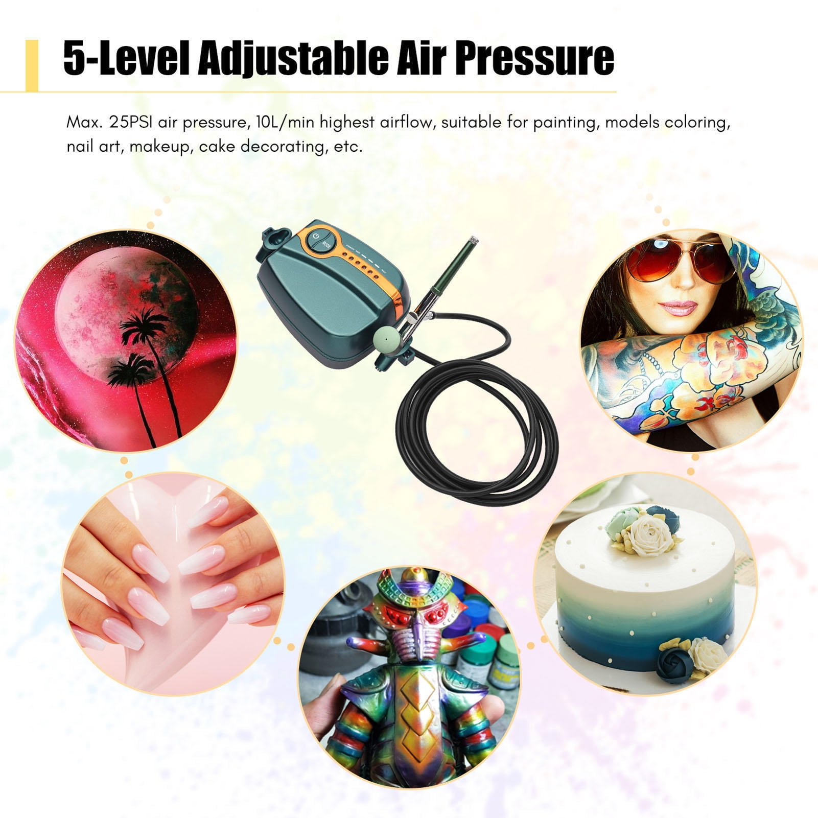 Yajisi Multi-functional Handheld Airbrush Kit with Compressor, Dual-Action 5-Level Adjustable 25PSI Air Brush Set with 3 Paint Cups for Painting, Models, Nail Art, Makeup, Cake Decorating, Green