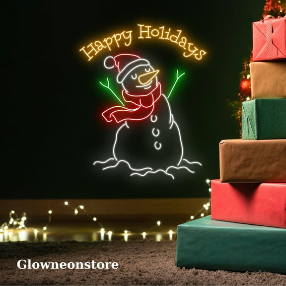 Glowneon Snowman Happy Holidays Neon Sign, Snowman Led Light, Christmas Wall Art