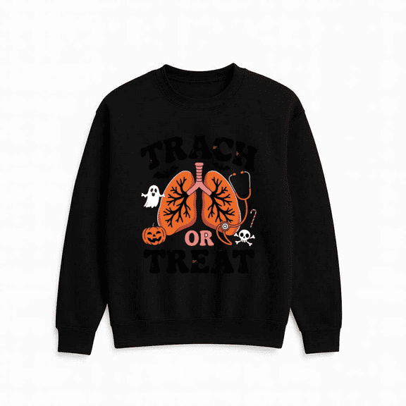 Trach Or Treat Funny Respiratory Awareness Quote Graphic Print Casual Outfit Sweatshirt, for men & women, up to size 5XL