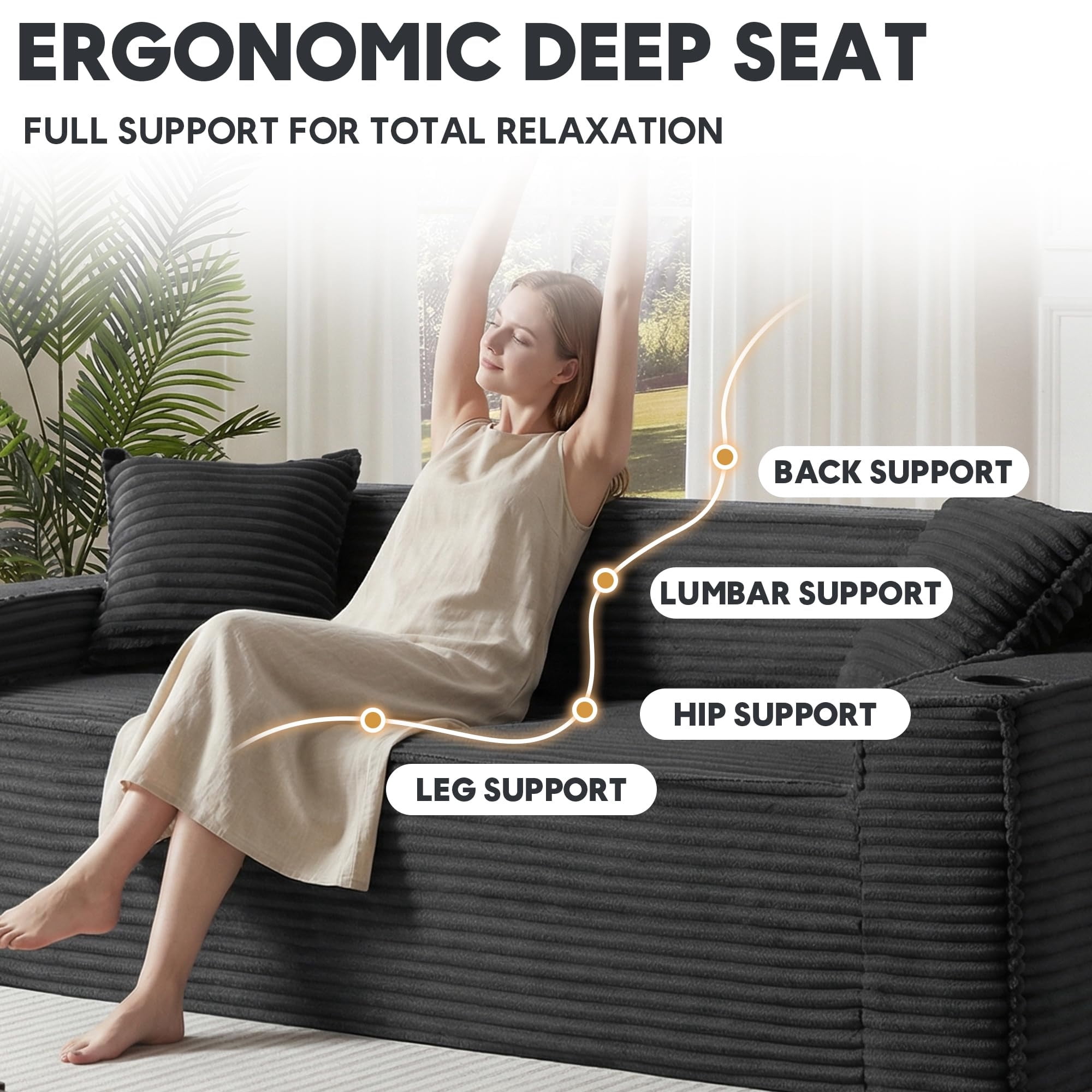 Aukfa 3 Piece Boneless Couch Set, 81" 3 Seat Cloud Sofa for Living Room, 2 Cup Holders&Storage Pocket, Corduroy, Gray