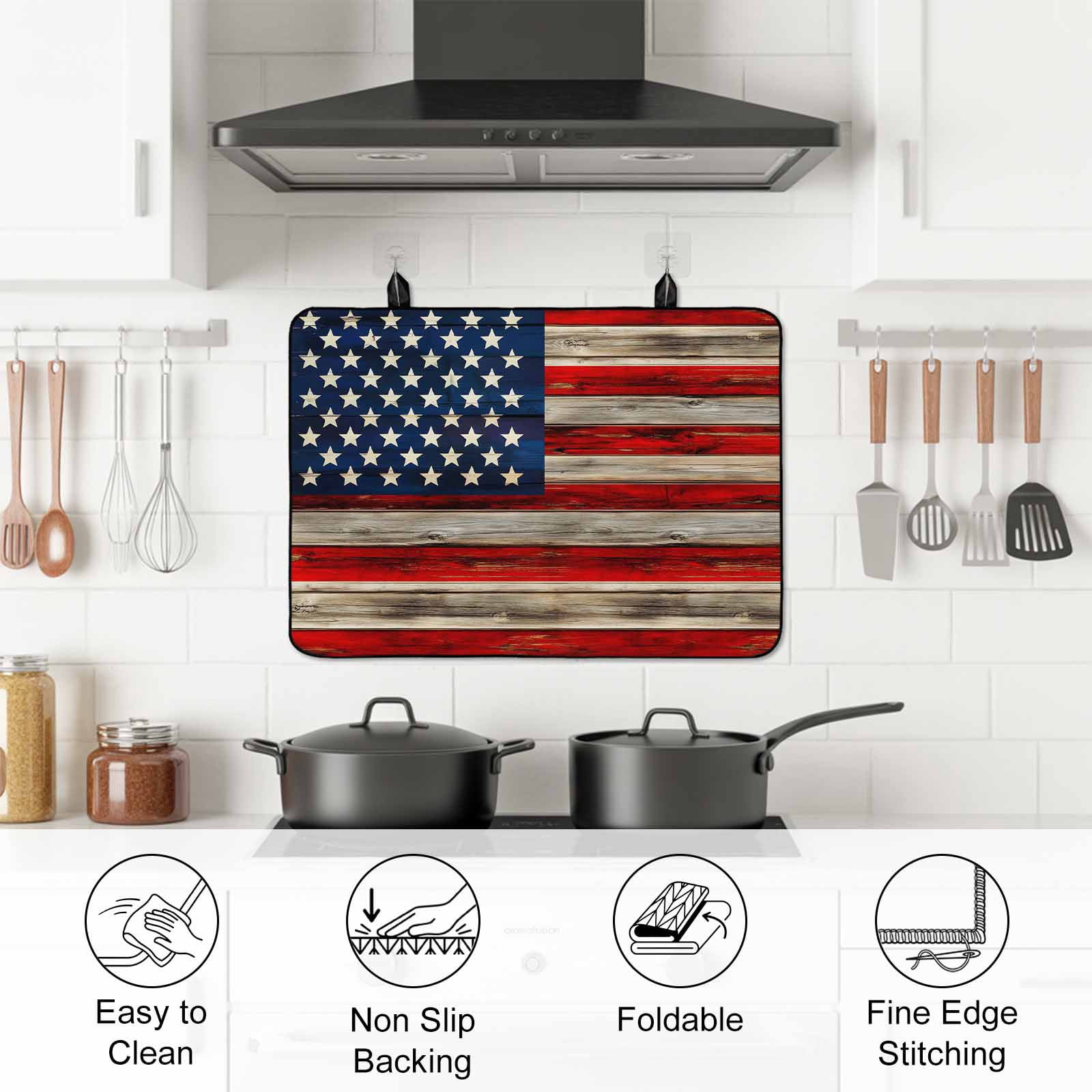 Vintage American Flag Stove Top Cover for Electric Stove, Heat-proof & Non Slip Glass Top Stove Cover Protector, Blue Star Red Striped Wooden Kitchen Flat Cooktop Rubber Mat 24x21 Inches