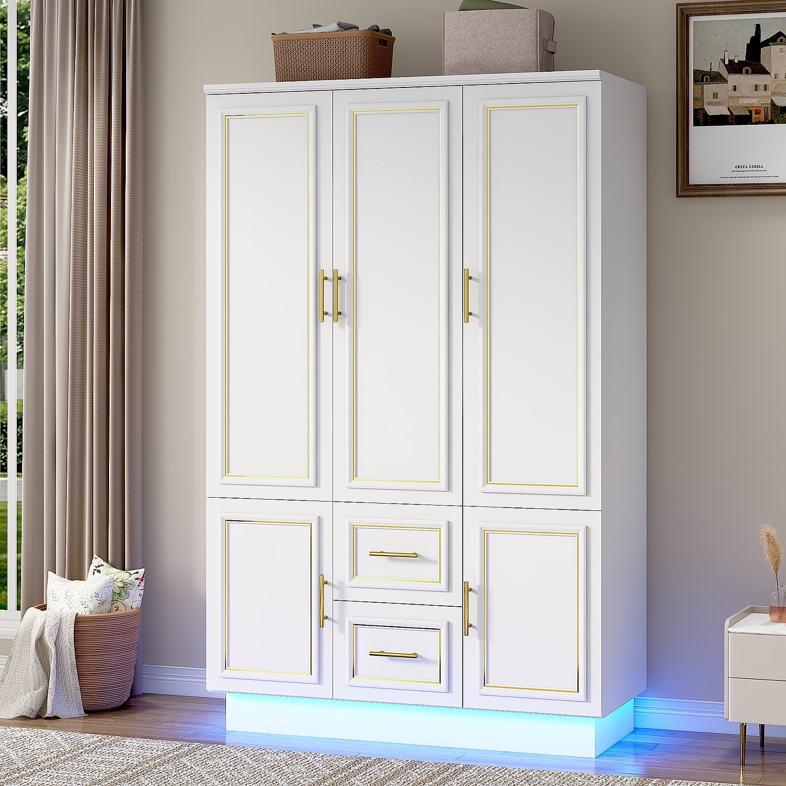 Blotout 75" Tall 3 Doors Armoire Wardrobe Closet with LED Lights, LED Armoire with Doors and Drawers, Wooden Armoire Storage Cabinet with Hanging Rod, Adjustable Shelves