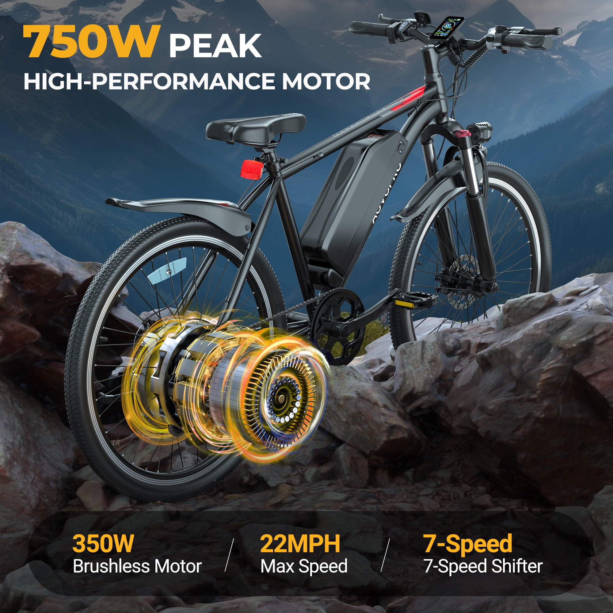AOVOPRO BK900 Adult Electric Bicycles, 350W 26" Electric Mountain Bicycle, 48V Battery, 22Mph Electric Mountain Bike, Adjustable 7 Speed E-Bikes for Adults UL2849