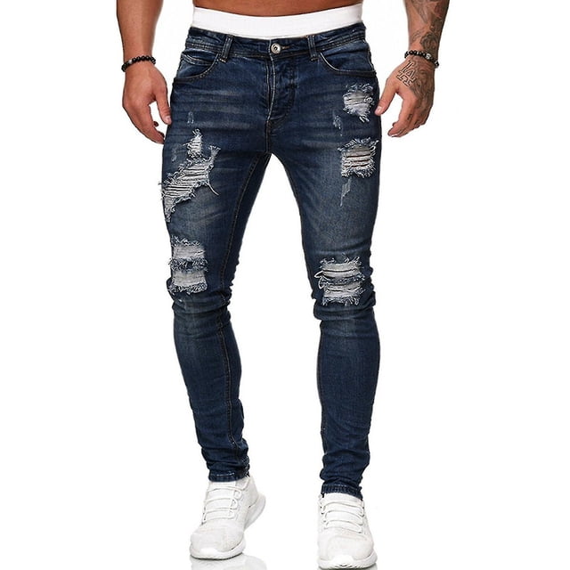 Men Ripped Hole Jeans Denim Pants Pockets Button Skinny Long Trousers