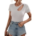 thumbnail image 2 of Arvbitana Women Solid Color T-shirt Short Sleeve Round Neck Cutout Ribbed Crop Tops Summer Casual Slim Fit Blouses Basic Tee, 2 of 9