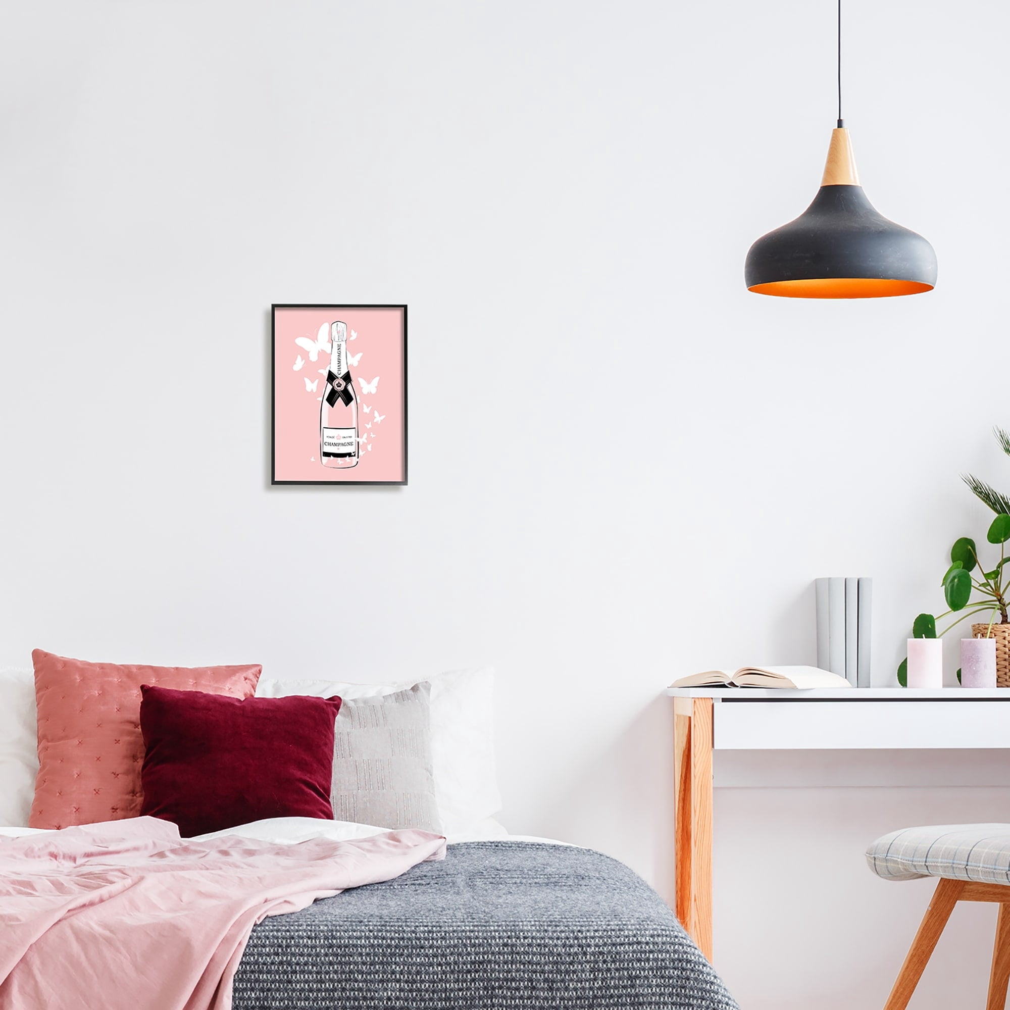 Stupell Industries Pastel Fluttering Butterflies Chic Pink Champagne Bottle Graphic Art Black Framed Art Print Wall Art, Design by Martina Pavlova