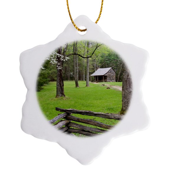 3drose, Carter Shields Cabin in Spring, Great Smoky Mountains National Park, 3 inch Snowflake Porcelain Ornament