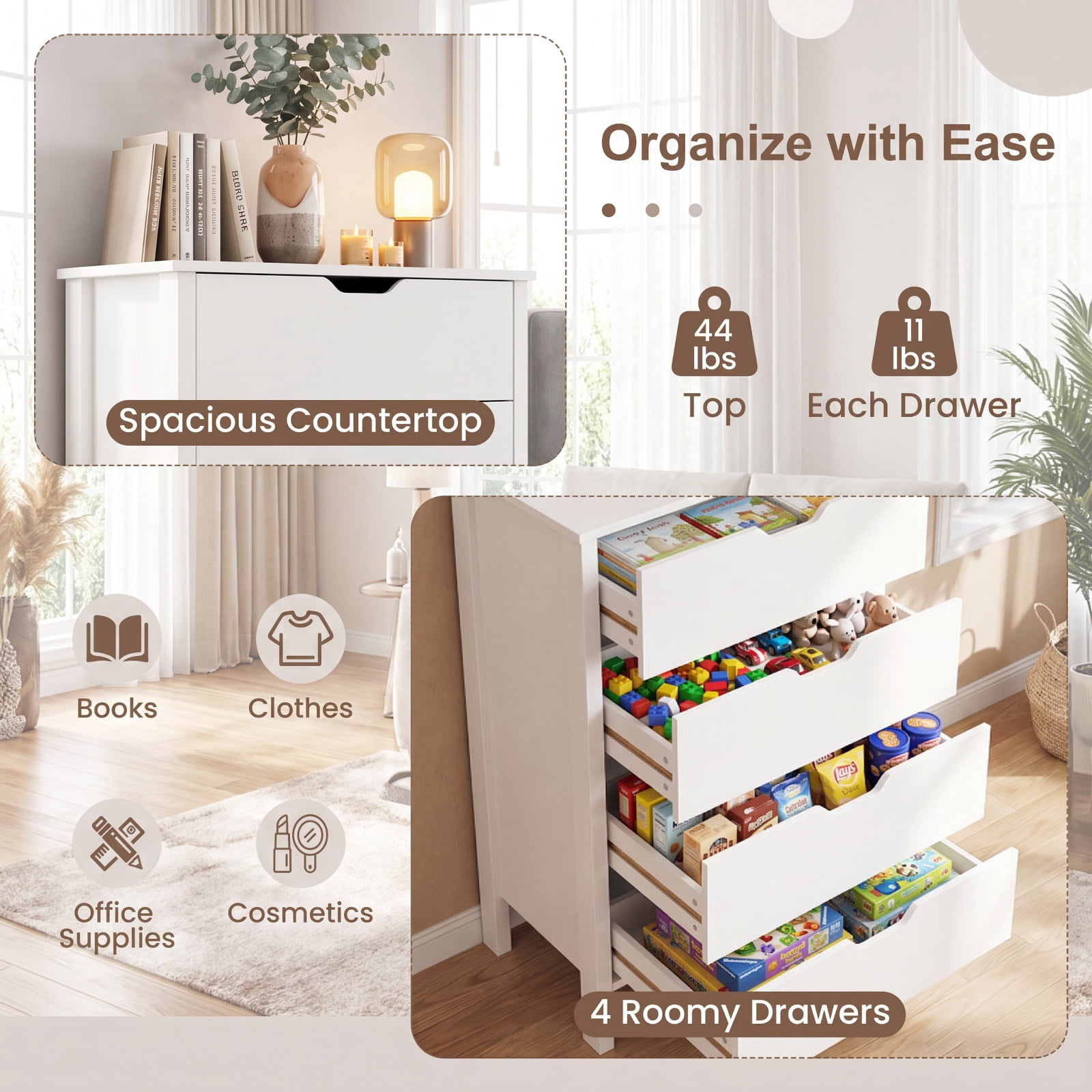 Furnibear 4-Drawer Dresser Wooden Nightstand with Anti-Tipping Kits for Bedroom Closet Living Room Nursery Clothes Storage, White
