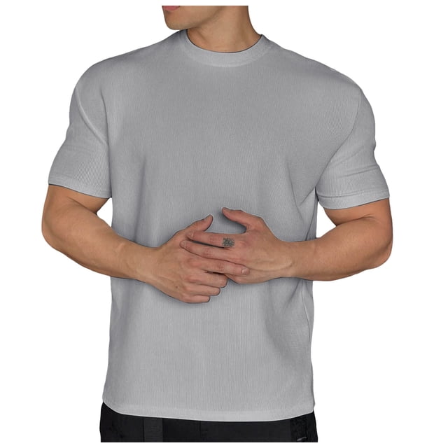 T-Shirts Summer Texture Pads Shoulder Pads Sleeves Quick Drying Fitness Exercise Short Tee Shirts Men Grey XXXL