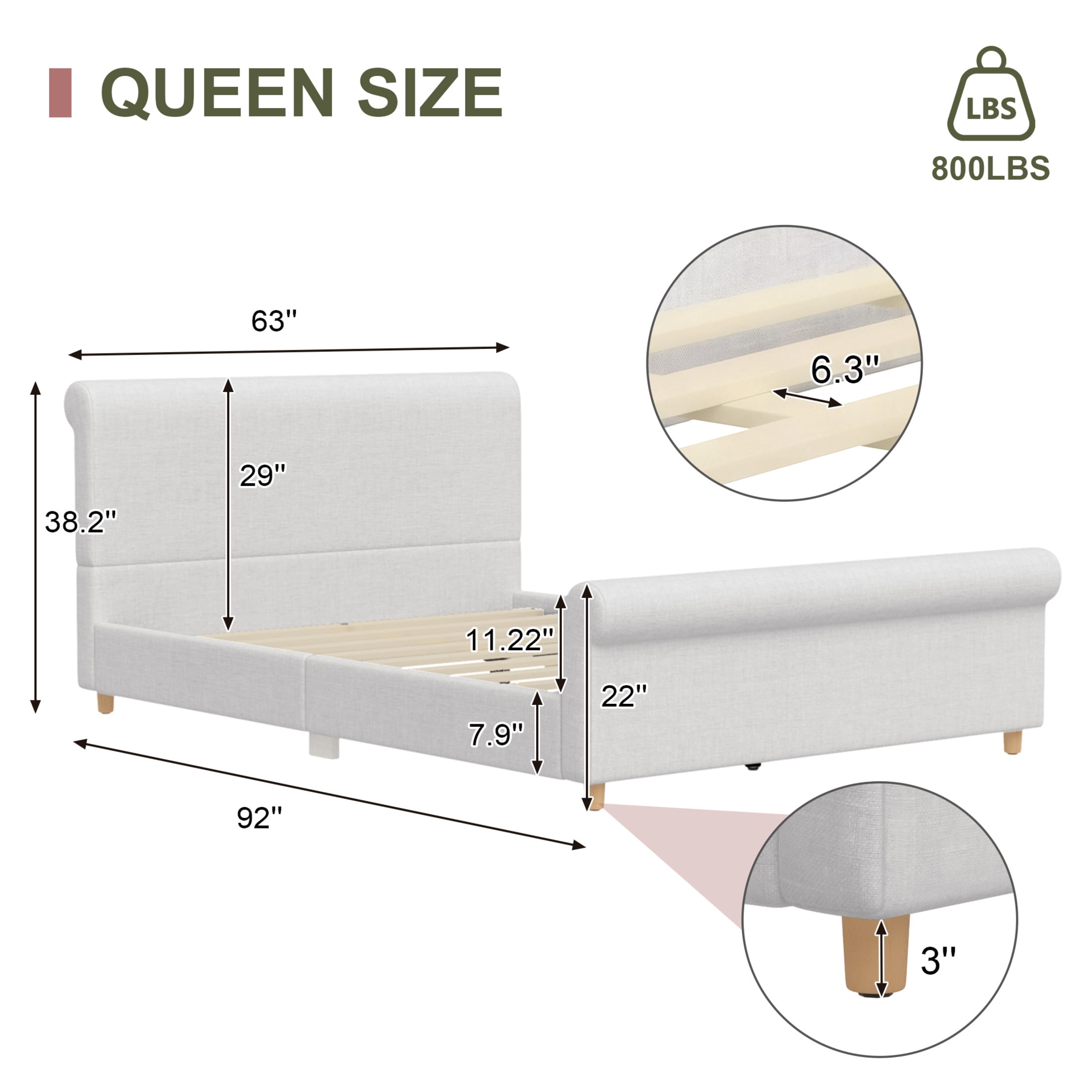 GDF Studio Flora Queen Size Upholstered Sleigh Bed Frame with High Headboard, Solid Wood Legs & Slats Support, Beige