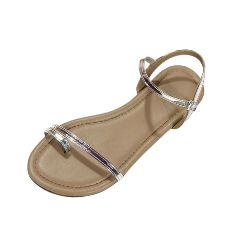 

BSDHBS Womens Sandels Ladies Fashion Summer Solid Color Leather Cover Toe Buckle Casual Flat Sandals Silver Size 41