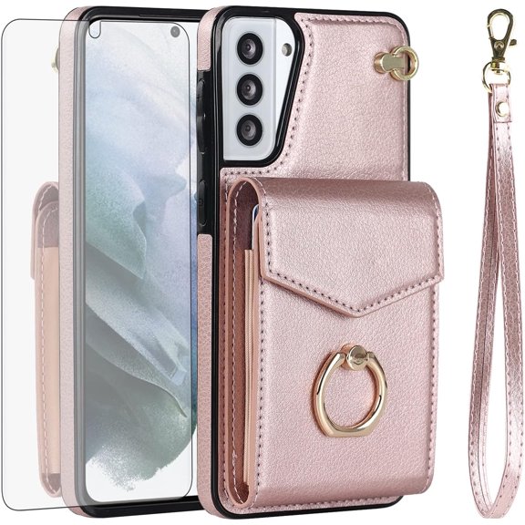 MYKOMI Phone Case for Samsung Galaxy S21 5G 6.2 inch Wallet Cover with HD Screen Protector and RFID Blocking Ring Stand Credit Card Holder Cell Accessories S 21 21S G5 Women Men Rose Gold