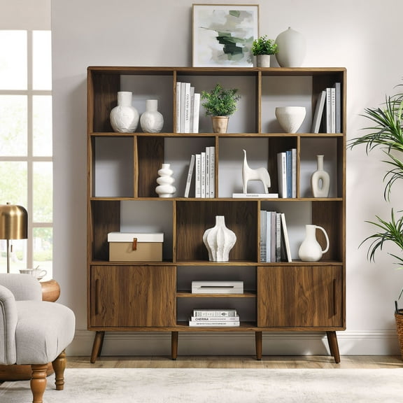 Modway Transmit 59" Bookcase with Sliding Doors in Walnut