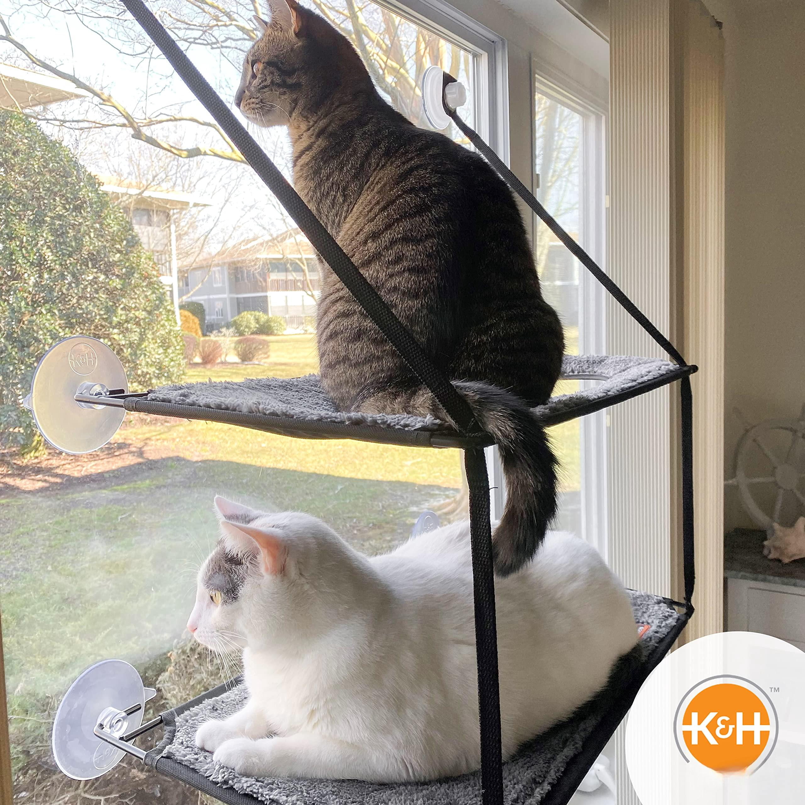 Ez Mount Double Stack Cat Window Perch For Large Cats  Sturdy Hammock Bed Steel Frame Suction Cups 2 Washable Shelf Covers Foldable - Fits 27"w X 31"h Glass Spaces