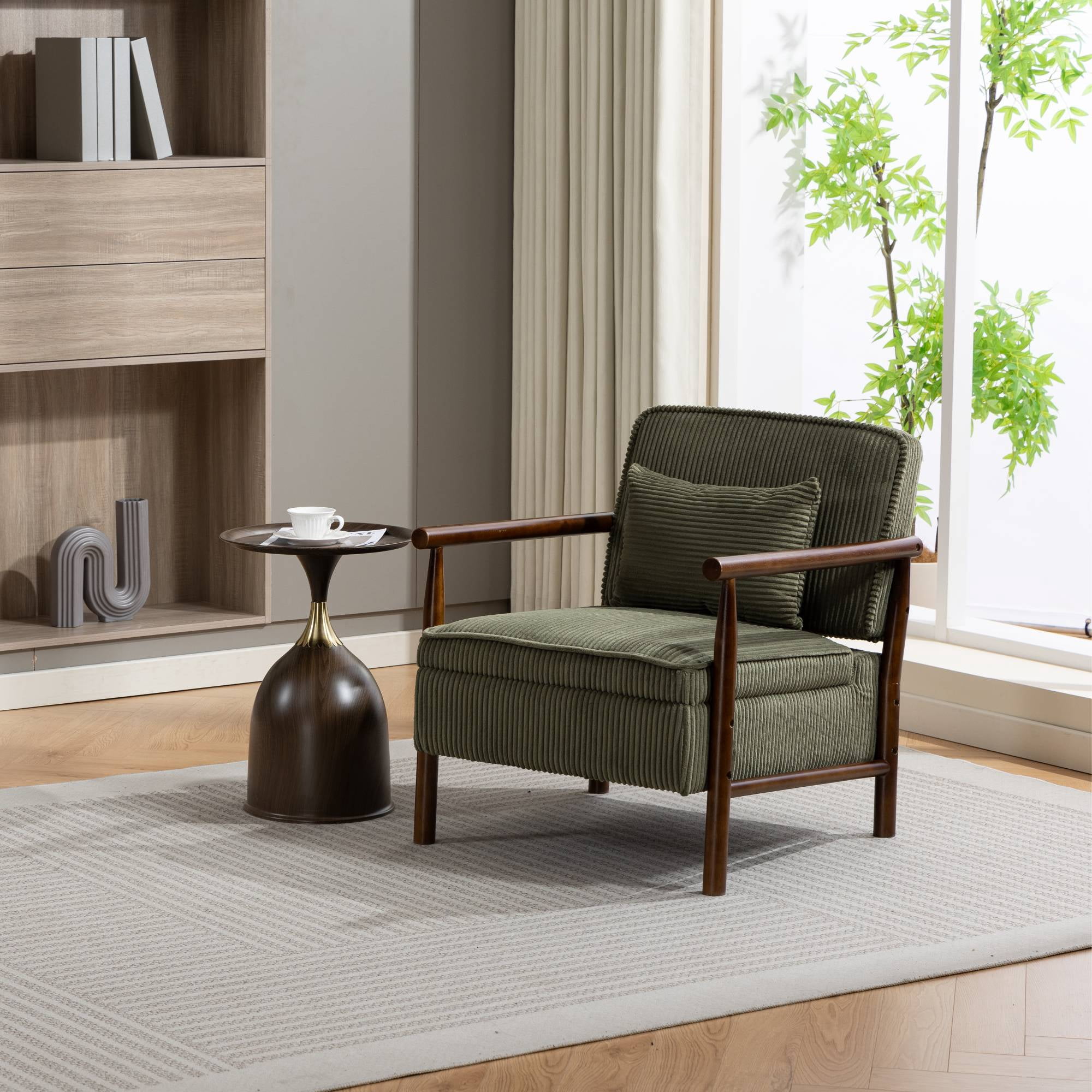 Mid-Century Accent Chair with Storage, Modern Comfy Reading Armchair with Lumbar Pillow for Living Room, Green