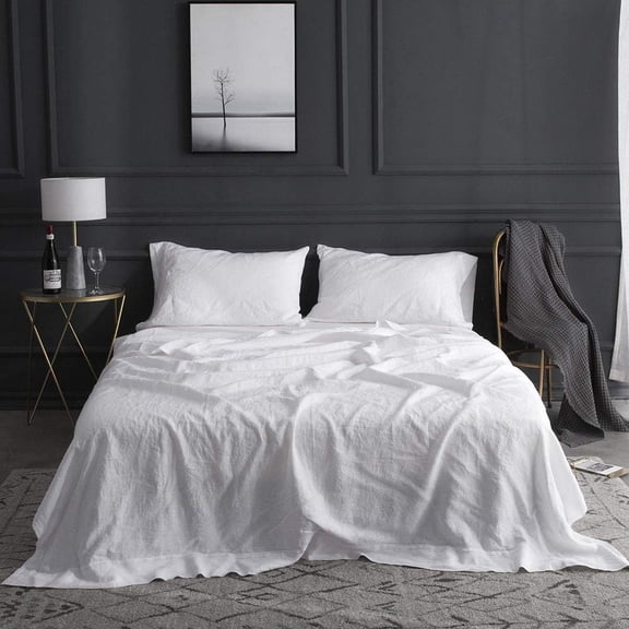 Simple&Opulence 100% Linen Sheet Set-Pure Linen Bedding Sheet-4 Pieces (1 Flat Sheet,1 Fitted Sheet,2 Pillowcase)-Embroidery Collection,Soft & Cozy,Cooling Bedding- King Size, White