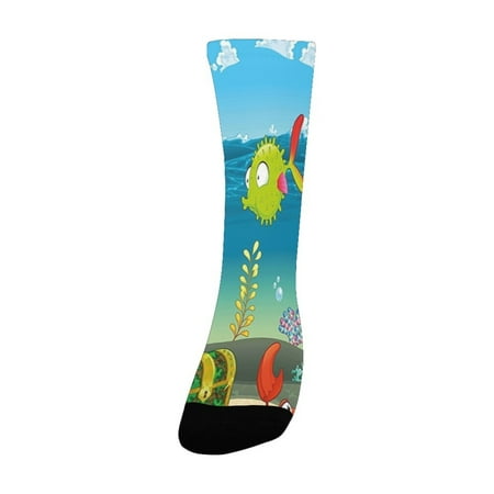 

Kids Funny Sea Animals Underwater Ocean View with Sail Boat Palm Trees Cartoon Artwork Multicolor Women s Custom Socks (Made In USA)
