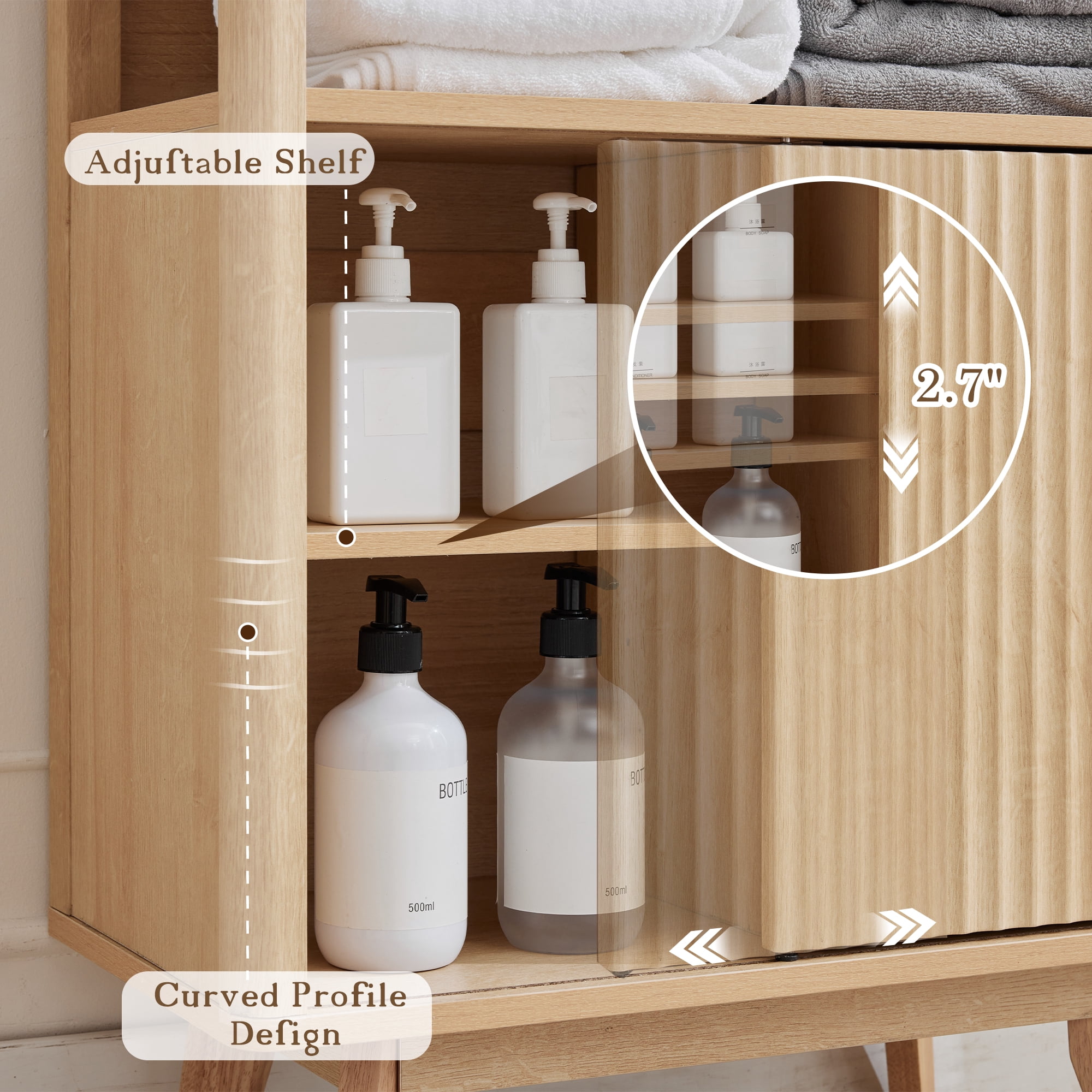 Magic Union Bathroom Storage Cabinet with Fluted Sliding Door, 3 Drawers Bathroom Floor Cabinet, Freestanding Storage Organizer w/Adjustable Shelf, Faux Marble Top, Curved Profile Design Natural Oak