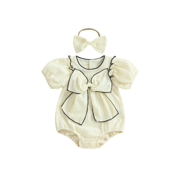 Baby Toddler Girl Bow Bubble Romper 3 6 12 18 Months Short Sleeve Bodysuit with Bow Headband Cute Summer Clothes