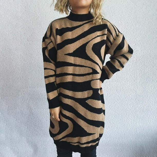 Ailaofu Women’s Mock Neck Sweater,Zebra Print Top,Knit Pullover Sweater Long Sleeve for Women Trendy 2025