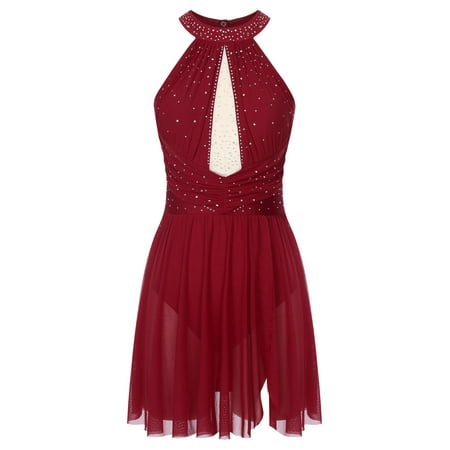 JanJean Women s Figure Ice Roller Skating Dress Sleeveless Shiny Rhinestones Lyrical Ballet Dance Dancewear Burgundy L