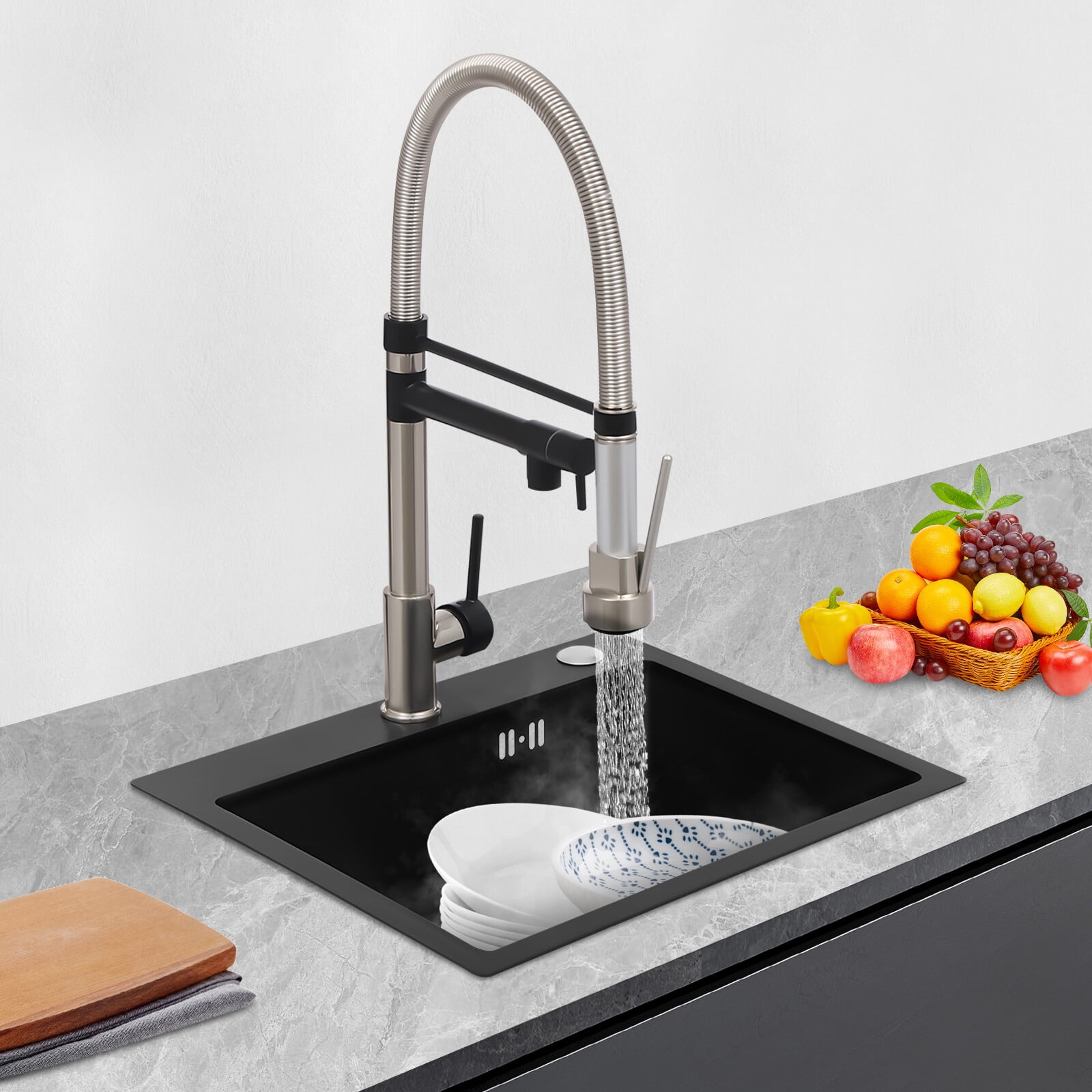 Kitchen Sink Single Handle Stainless Steel Faucet with Pull Down Sprayer(Brushed Black)