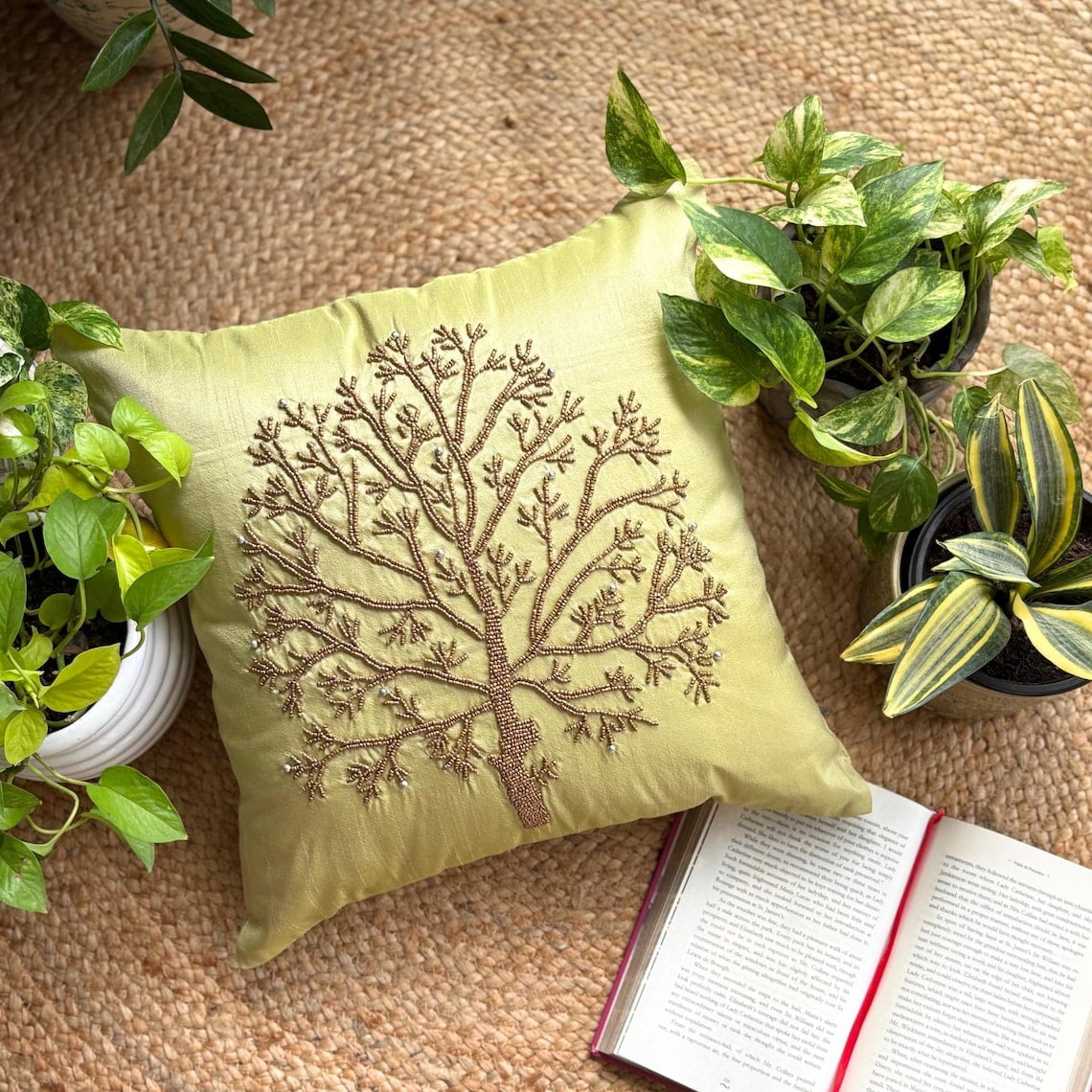Euro Pillow, Decorative Green Euro Pillowcases 26x26 inch (65x65 cm), Silk Euro Pillow Covers, Nature & Floral, Beaded Tree, Modern Euro Sham Covers - Tree Of Life