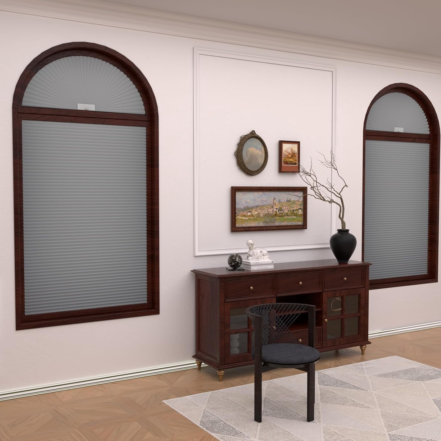 Arch Window Shades Half Circle Blackout Cellular Shades Cordless No Drill Blinds for Windows Half Moon Honeycomb Fabric No Tools Room Darkening Shades Easy Install (1PCS Grey 72" W X 36" H)