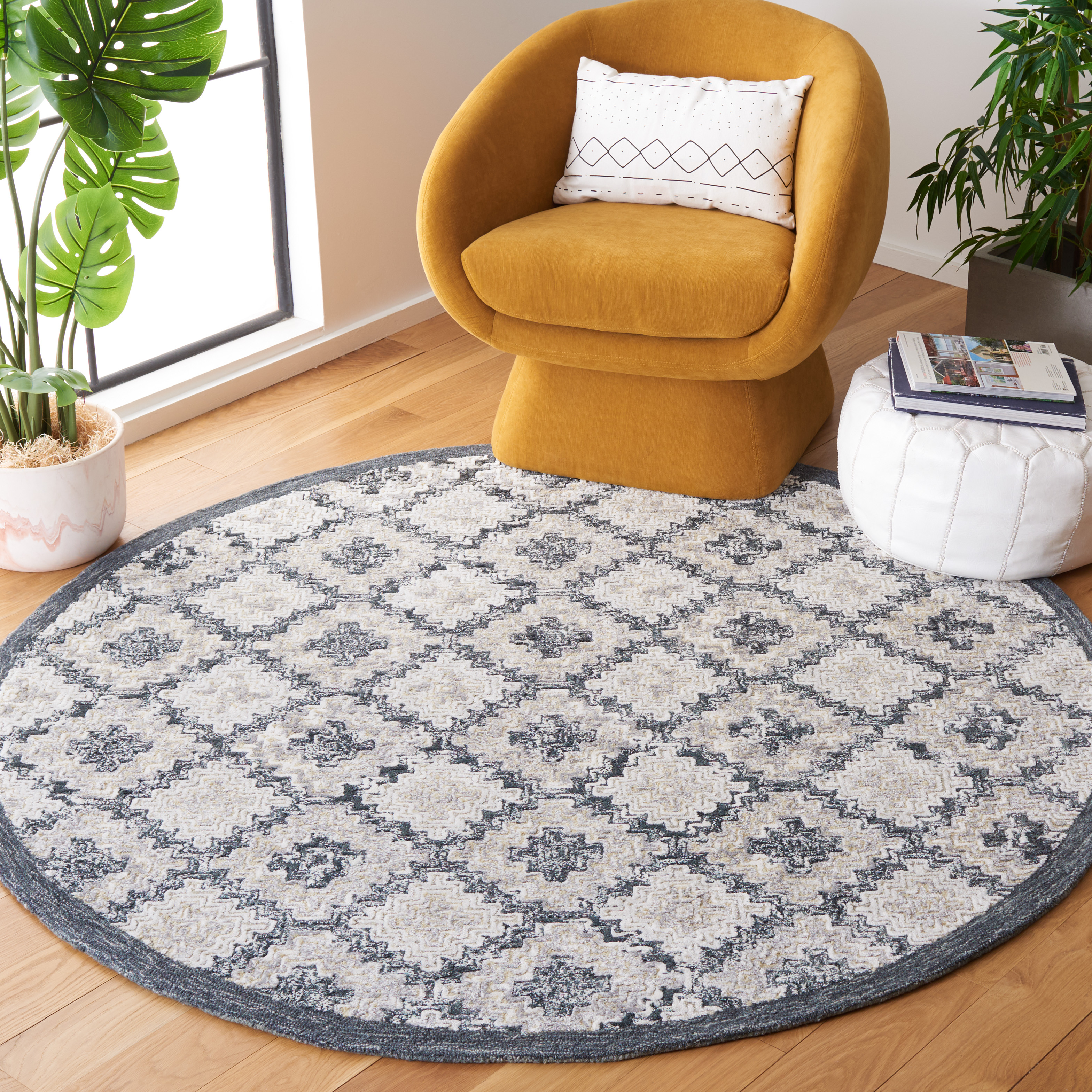 SAFAVIEH Soho Donette Geometric Area Rug, Grey/Ivory, 6' x 6' Round