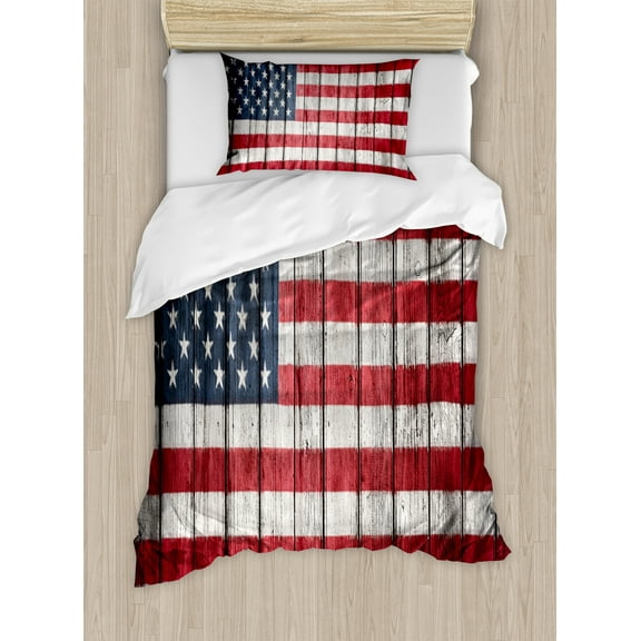 USA Duvet Cover Set, Fourth of July Independence Day National Democracy Art Rough Wood Print, Decorative 2 Piece Bedding Set with 1 Pillow Shams, Twin Size, Dark Blue White Red, by Ambesonne