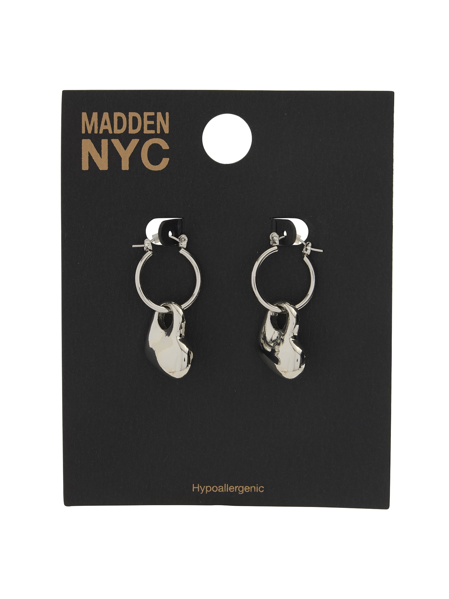 Madden NYC Women's Rhodium Heart Charm Huggie Earrings