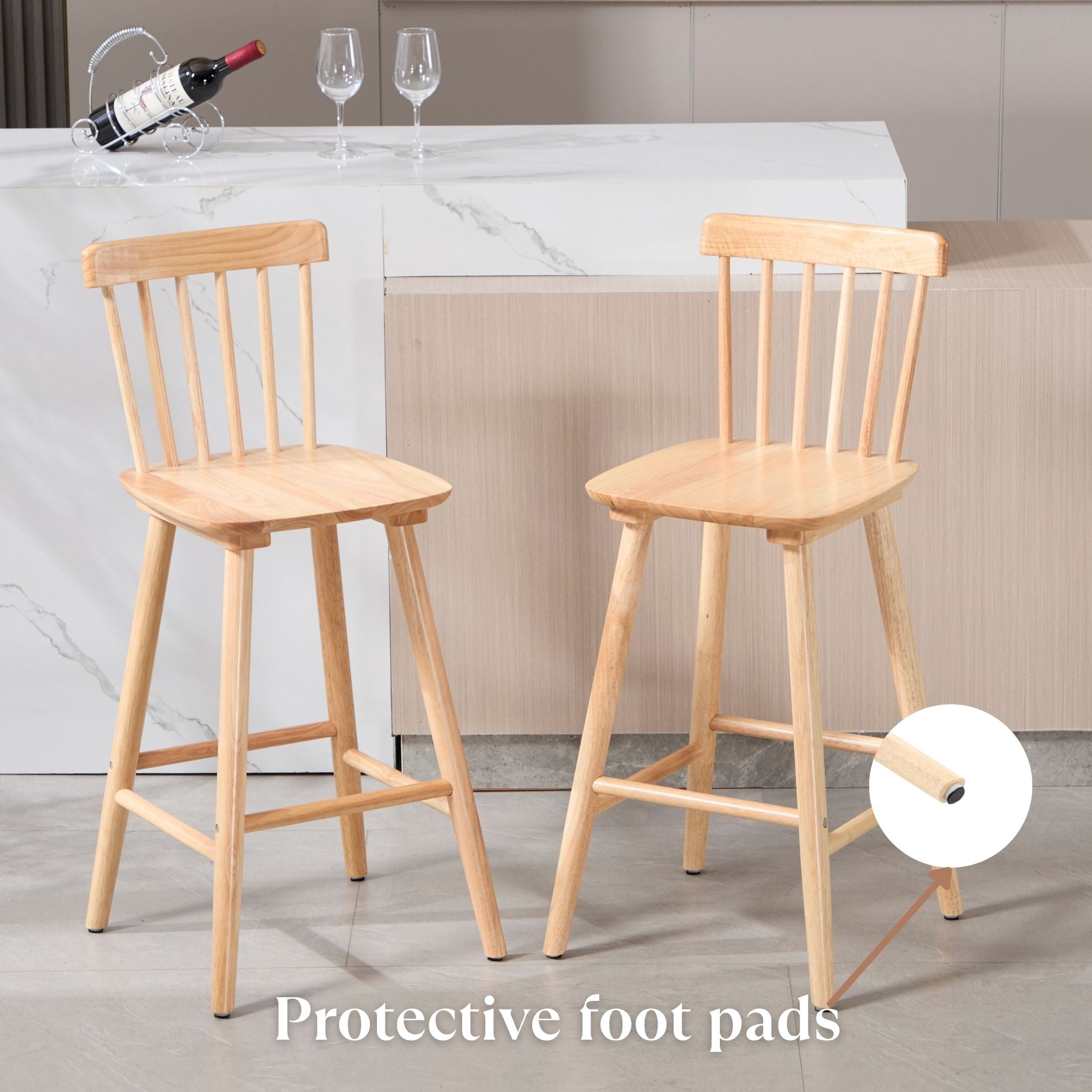 Dayalane Windsor Bar Stools Set of 2, 26" Farmhouse Wooden Counter Height Barstools with Spindle Back & Footrest, Armless Kitchen Island Stools for Bistro, Pub, Breakfast Bar,Natural
